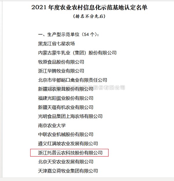 托普云农入选2021年度全国农业农村信息化示范基地